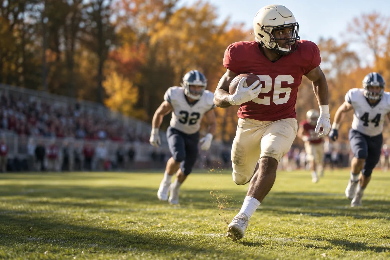 A running back in crimson carrying the football through a sunlit autumn game