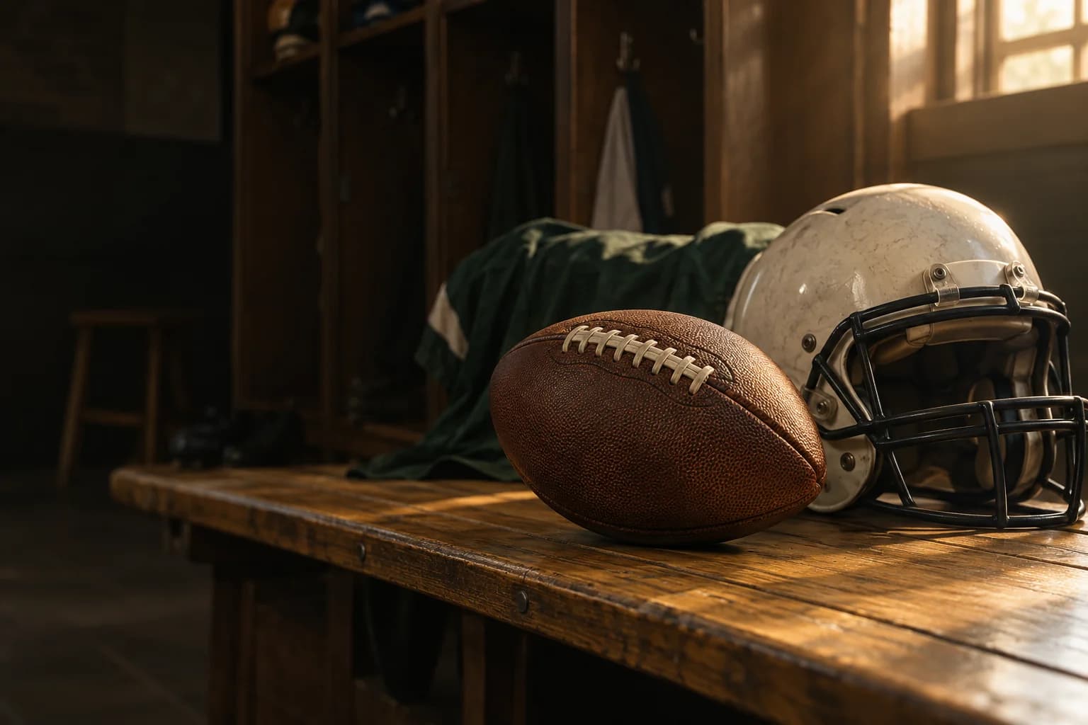 A leather football and cream helmet on a wooden locker-room bench in warm window light