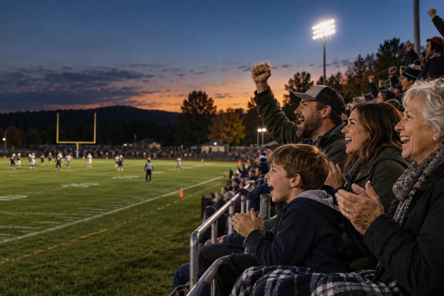 Families cheering for their local football team from the stands