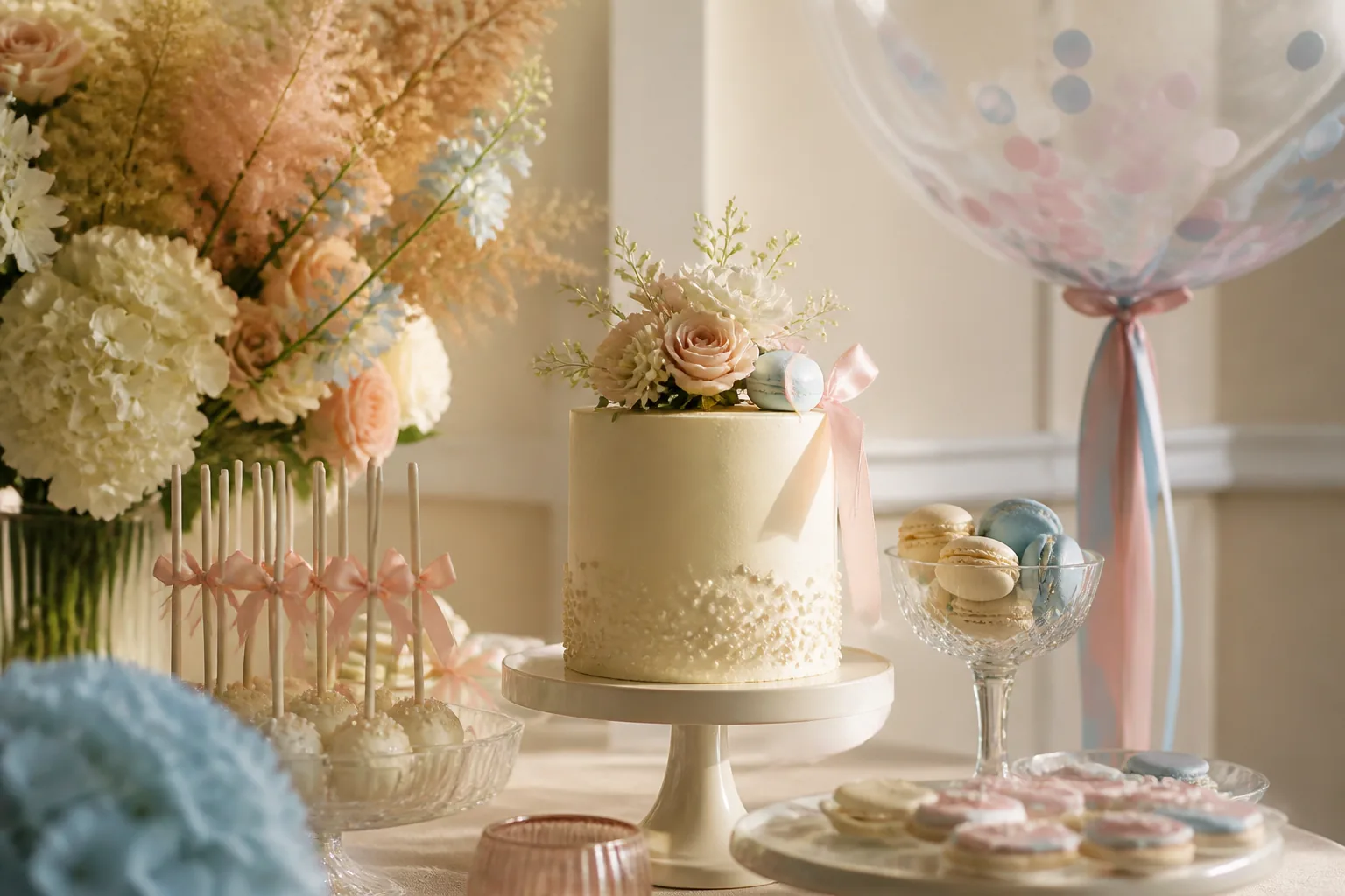 Gender reveal cake and dessert details