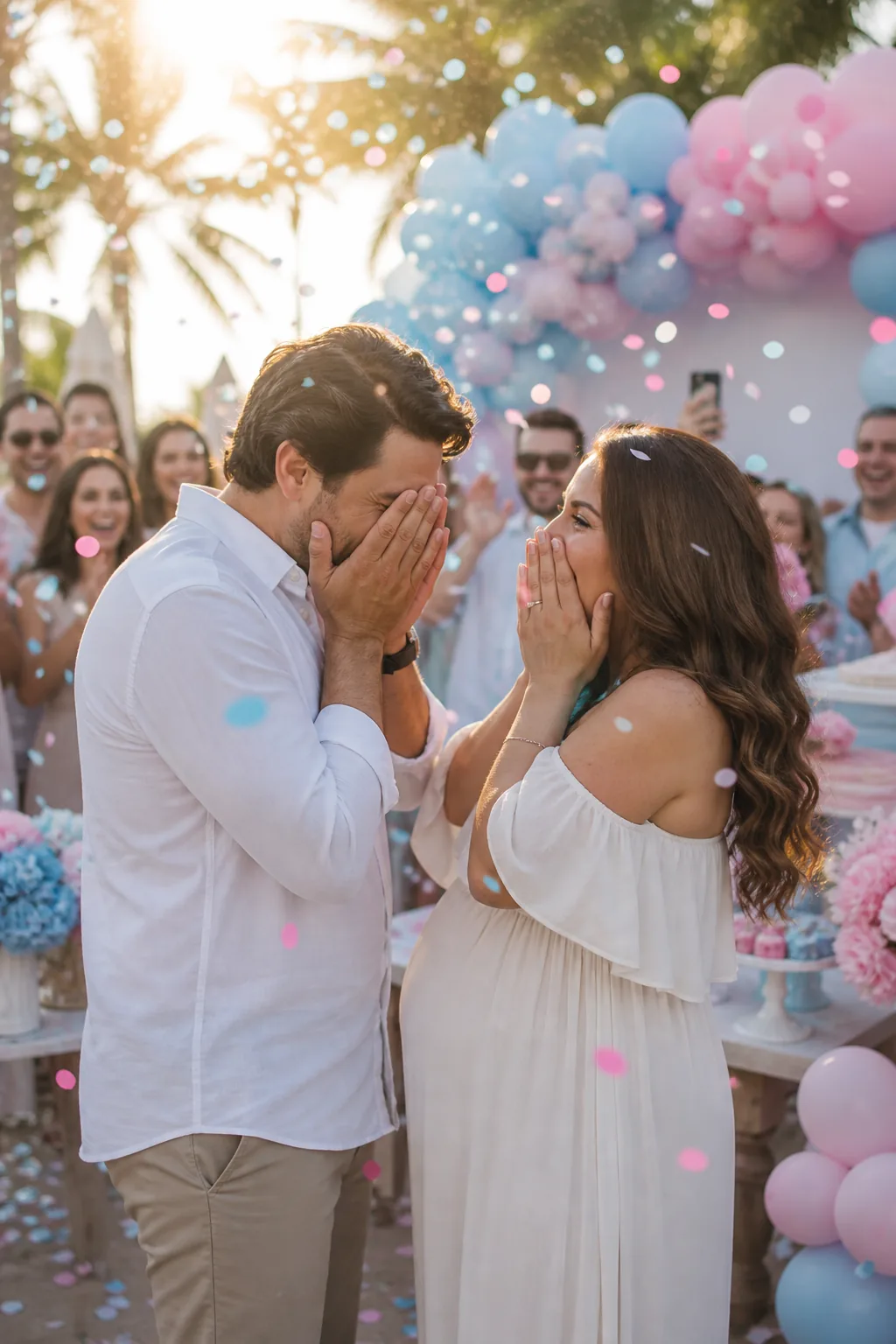 Parents-to-be reacting during the gender reveal moment