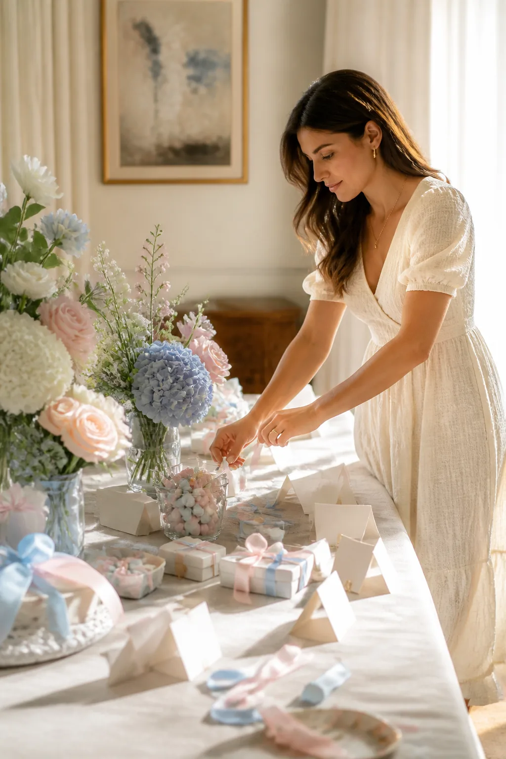 Host preparing elegant gender reveal party details