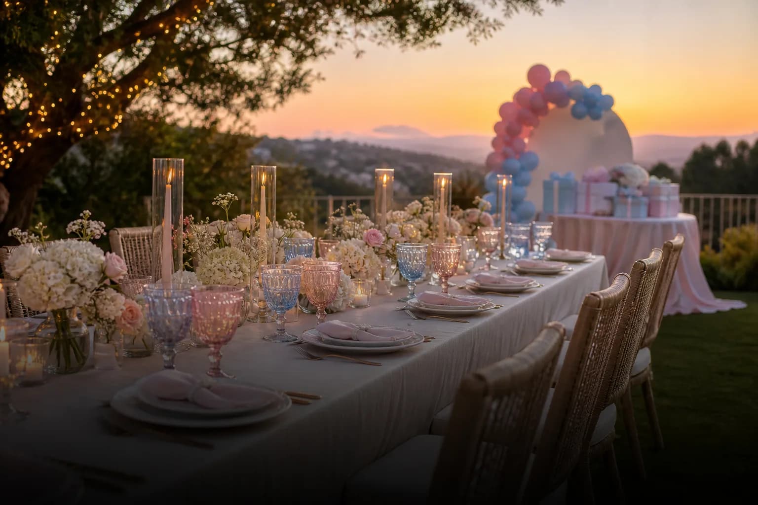 Elegant outdoor gender reveal dinner table