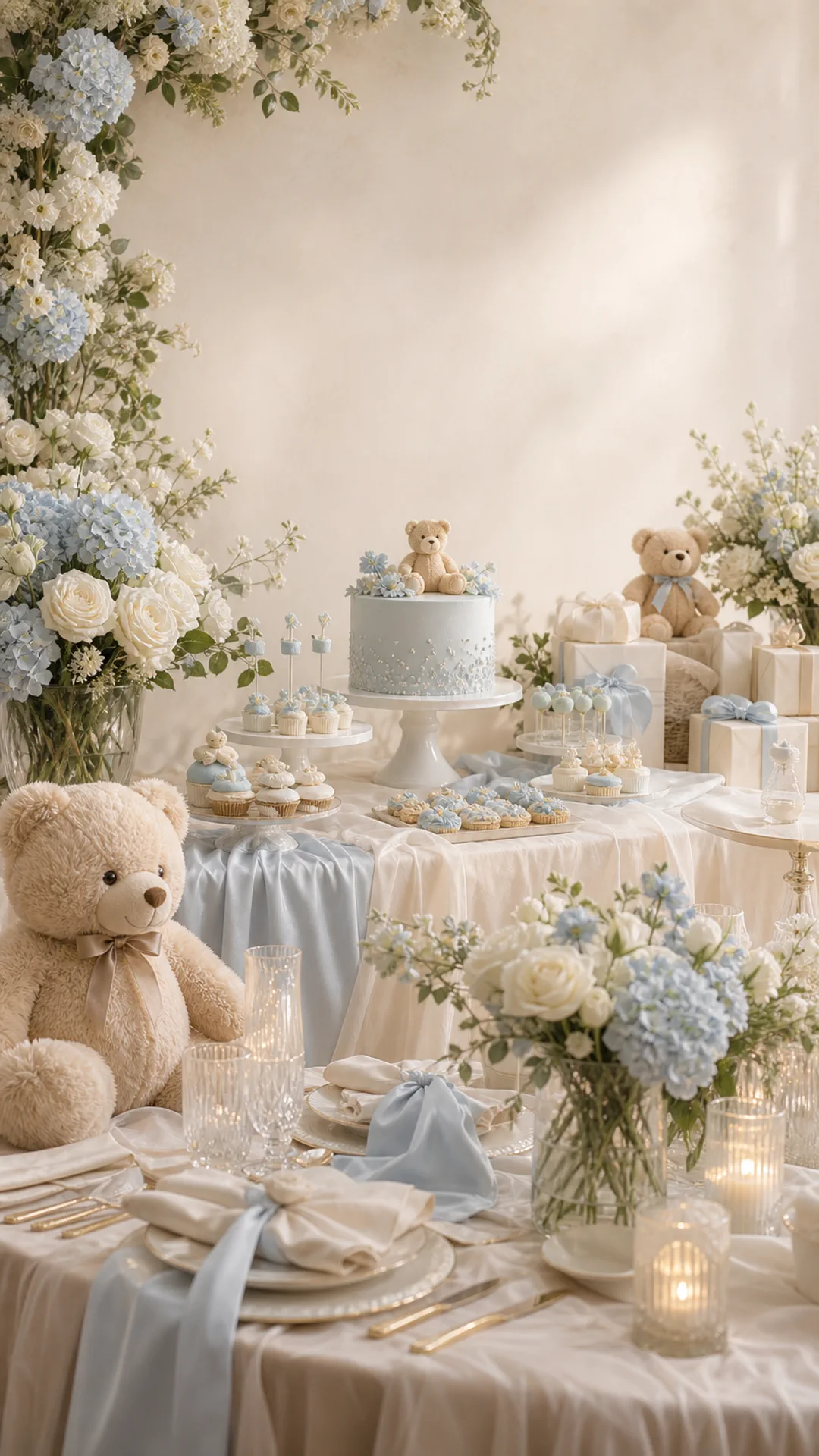 Elegant baby shower table with flowers, teddy bears, and a celebration cake