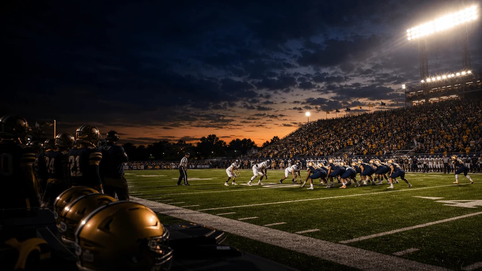 Friday night football lights over a packed stadium