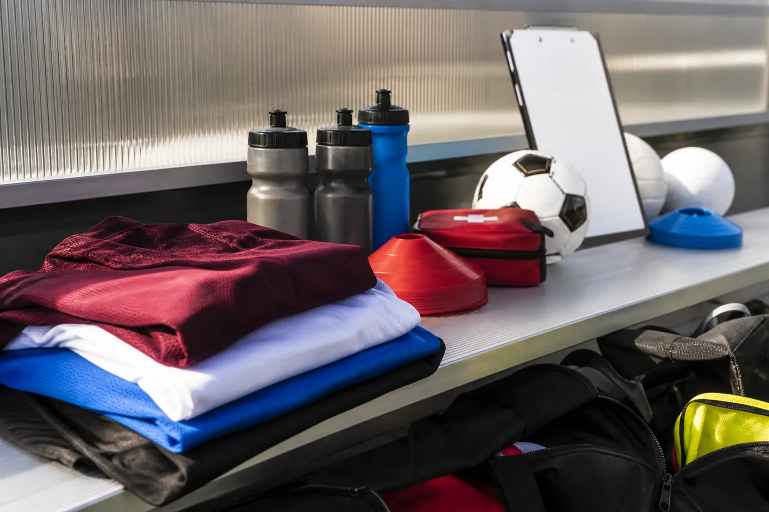 Organized game-day equipment on a team bench