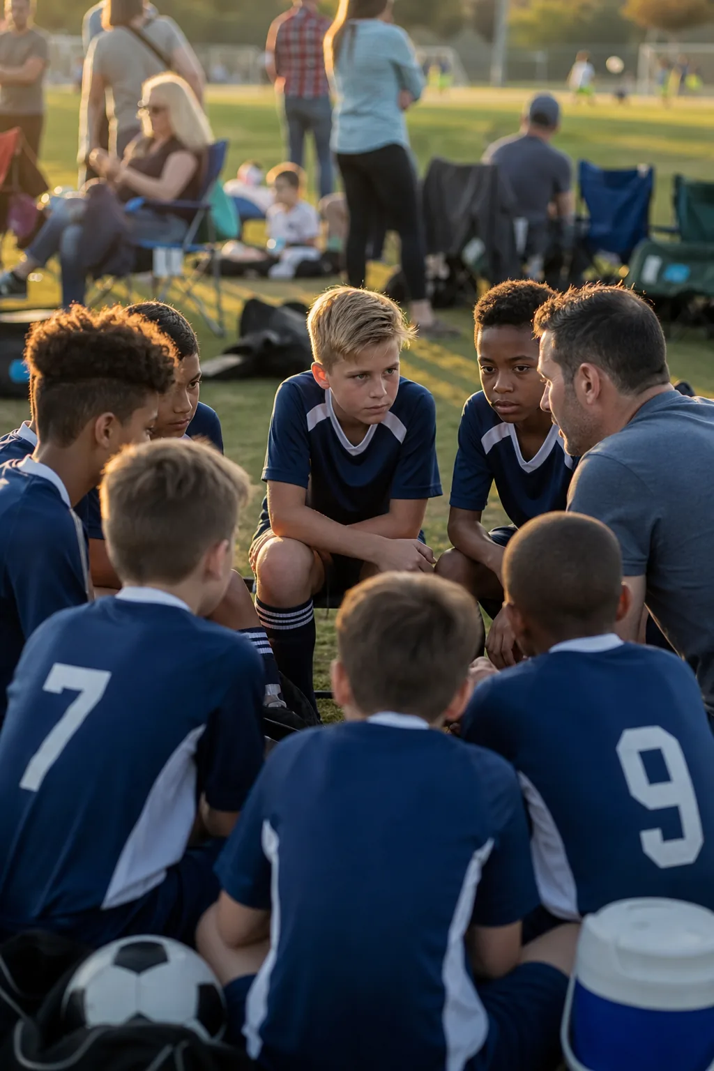 Coach speaking to a youth team on the sideline