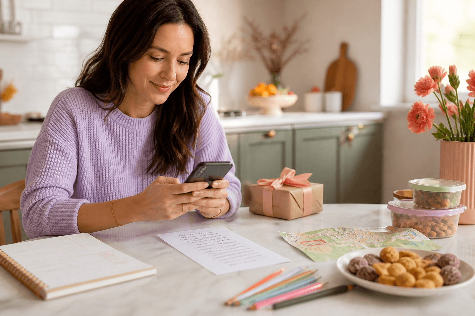 Parent organizing birthday details on a phone
