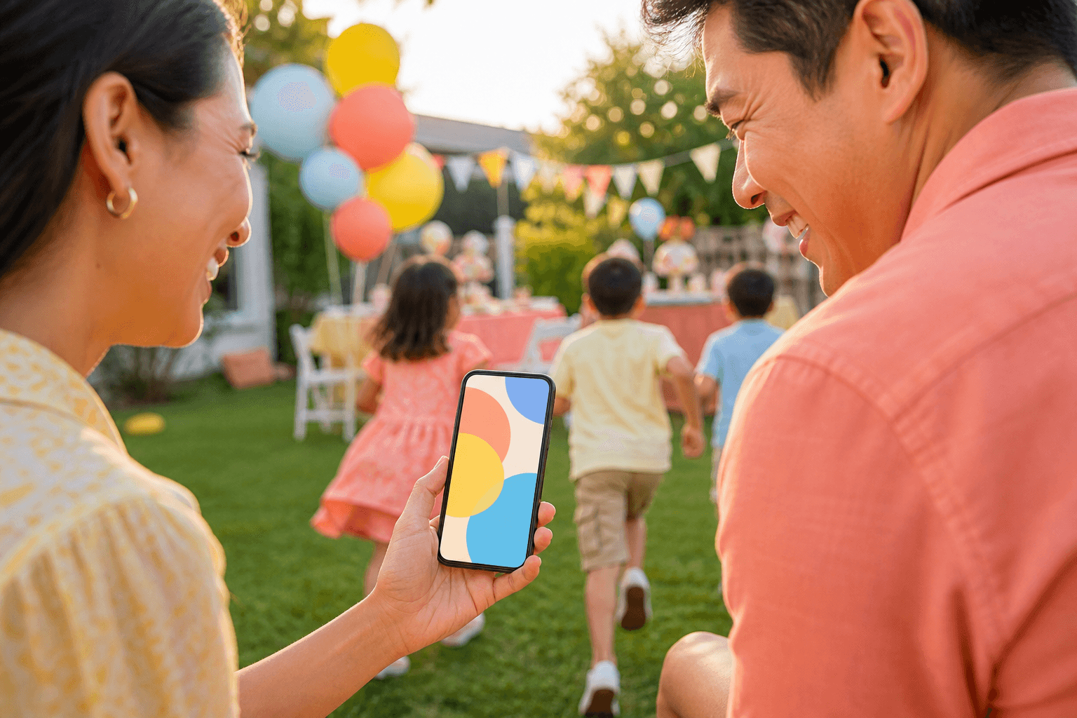 Parents sharing a digital birthday invitation at a backyard party