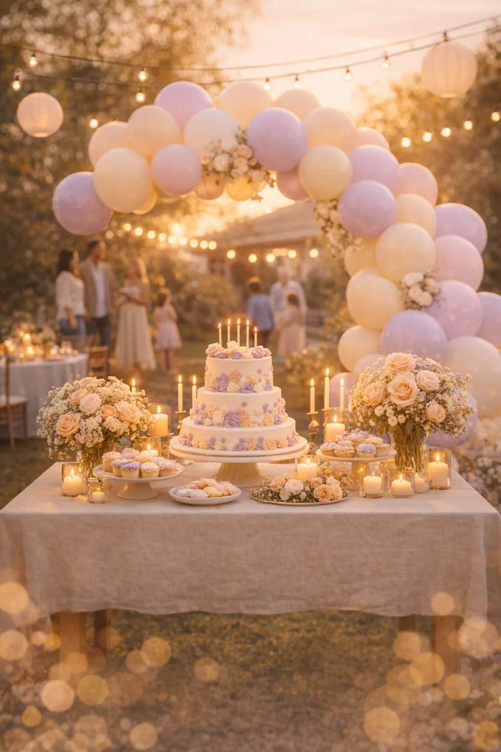A garden birthday dinner with lilac balloons, flowers, and string lights