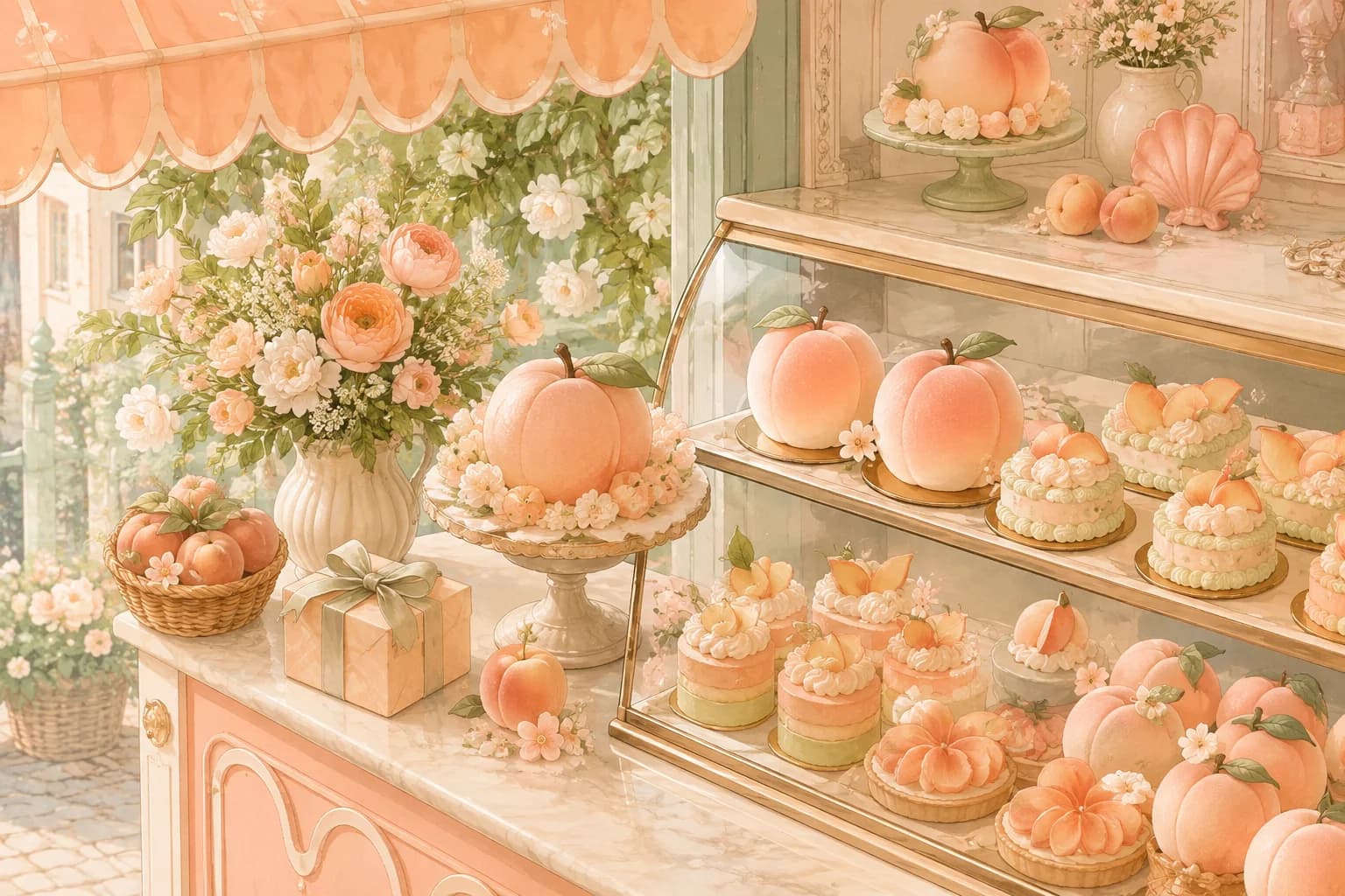 Illustrated peach pastries in a charming French patisserie