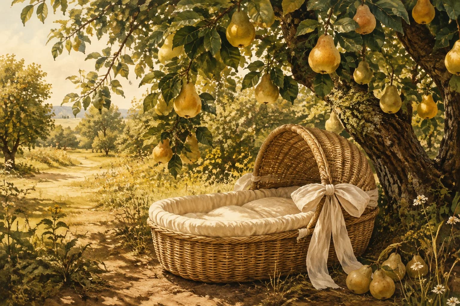 A woven baby cradle beneath a fruiting pear tree