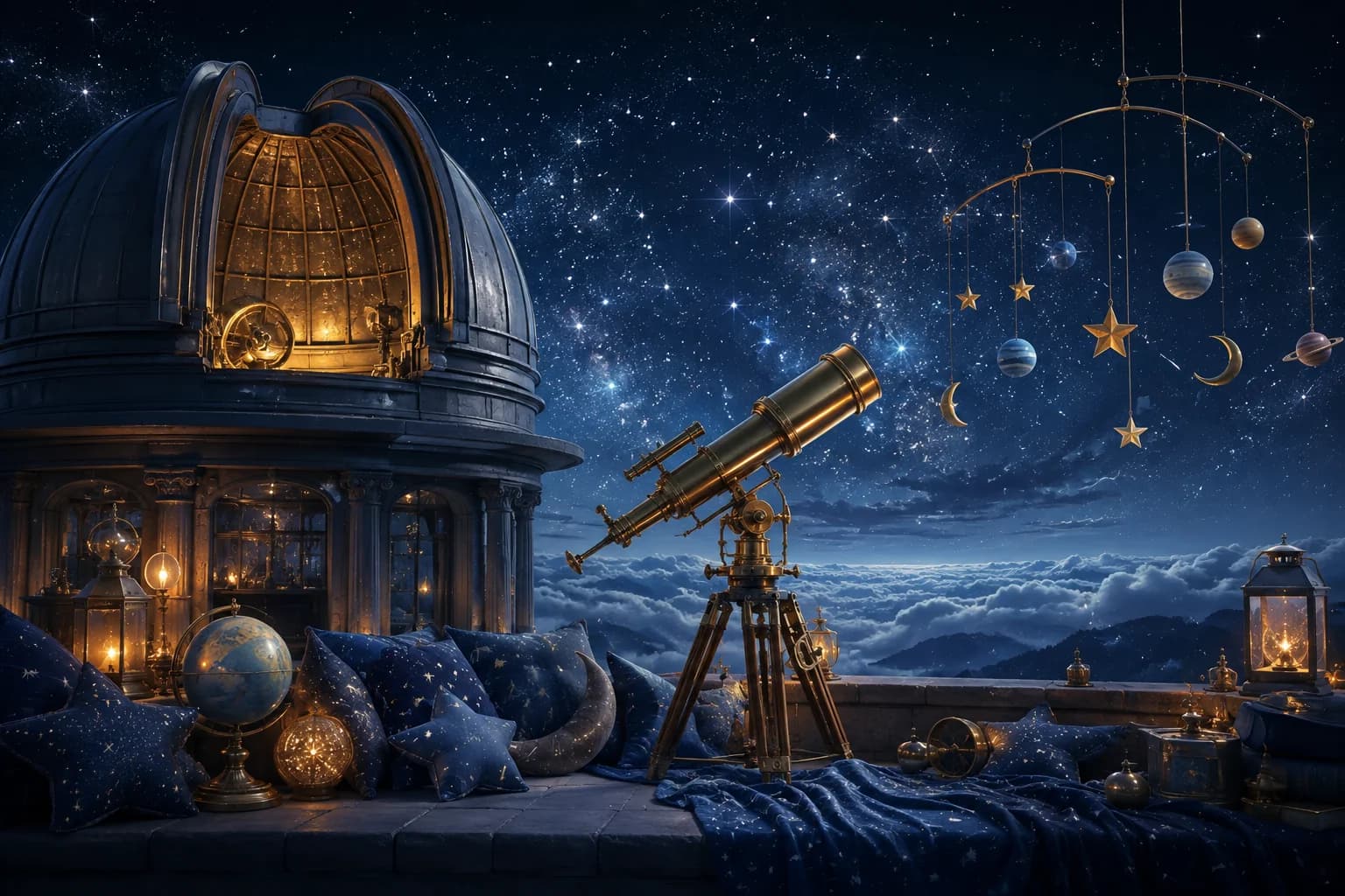 A brass telescope and planet mobile beneath a starry night sky