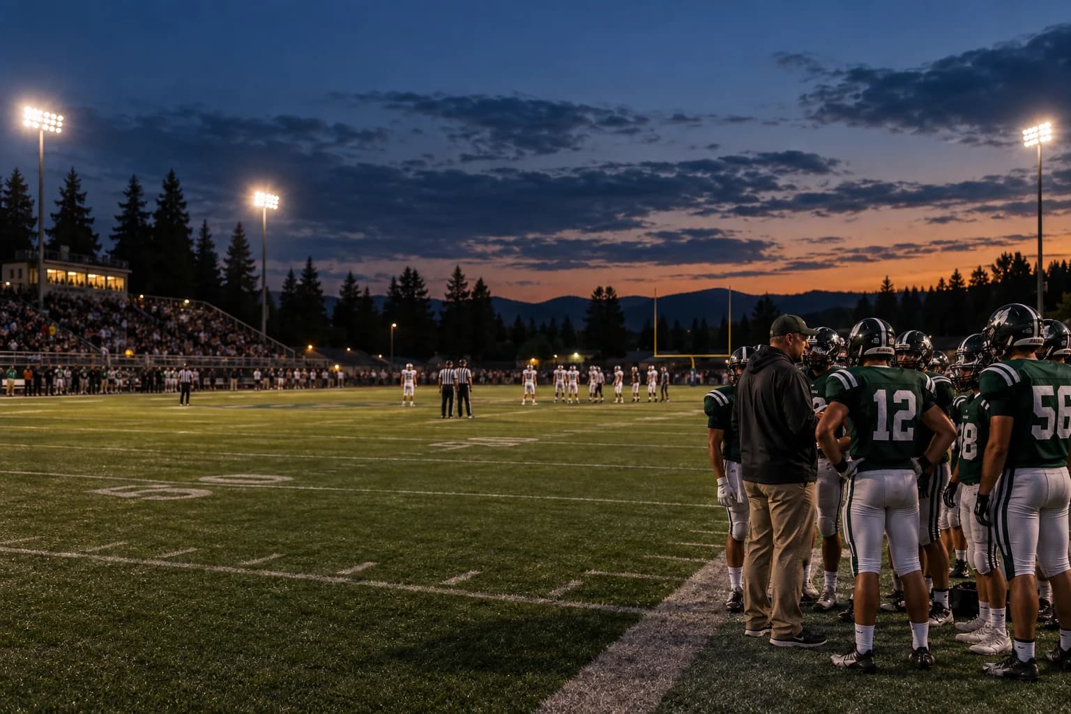 A football coach and team on the sideline under Friday night stadium lights