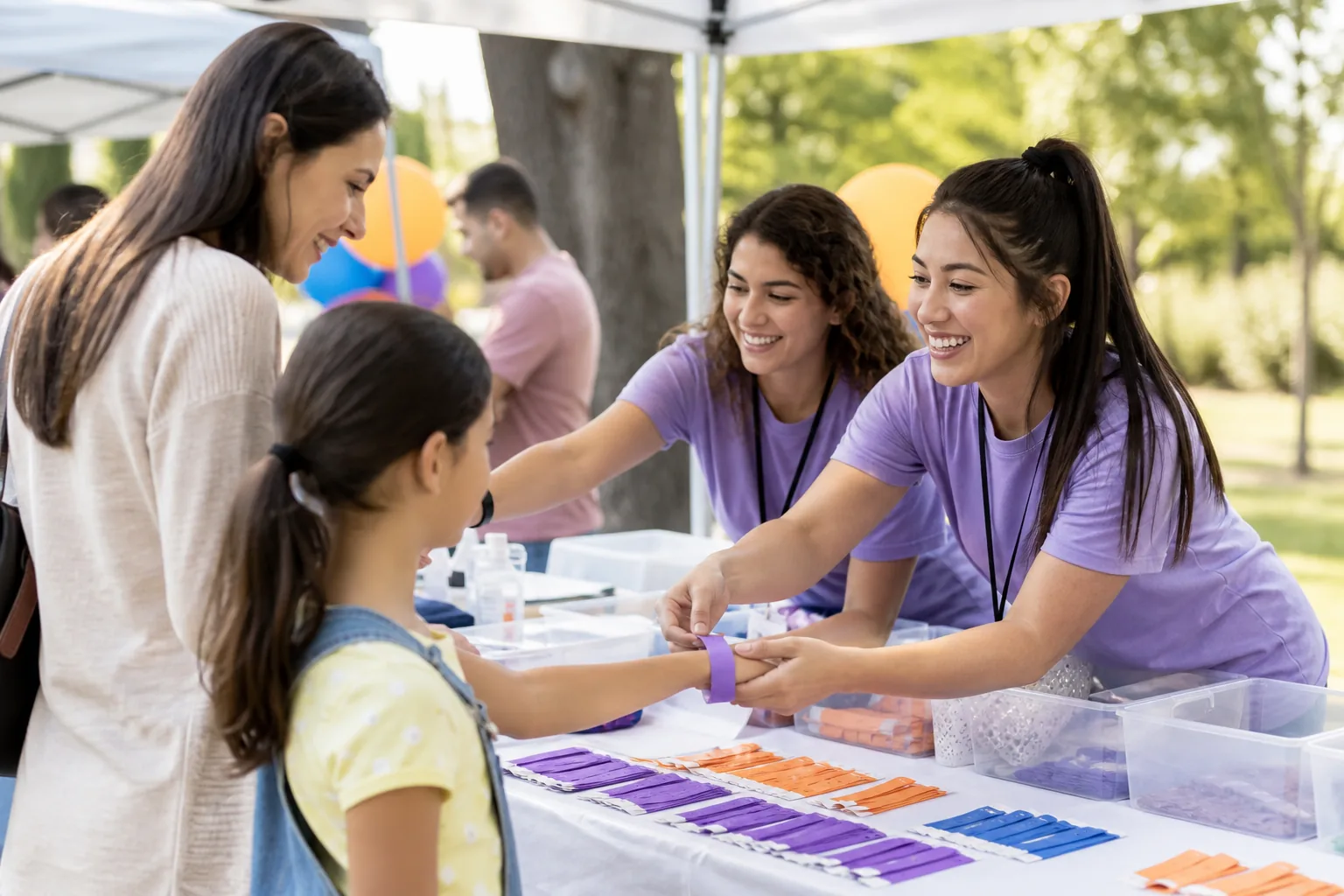 Volunteers welcoming families at community event check-in