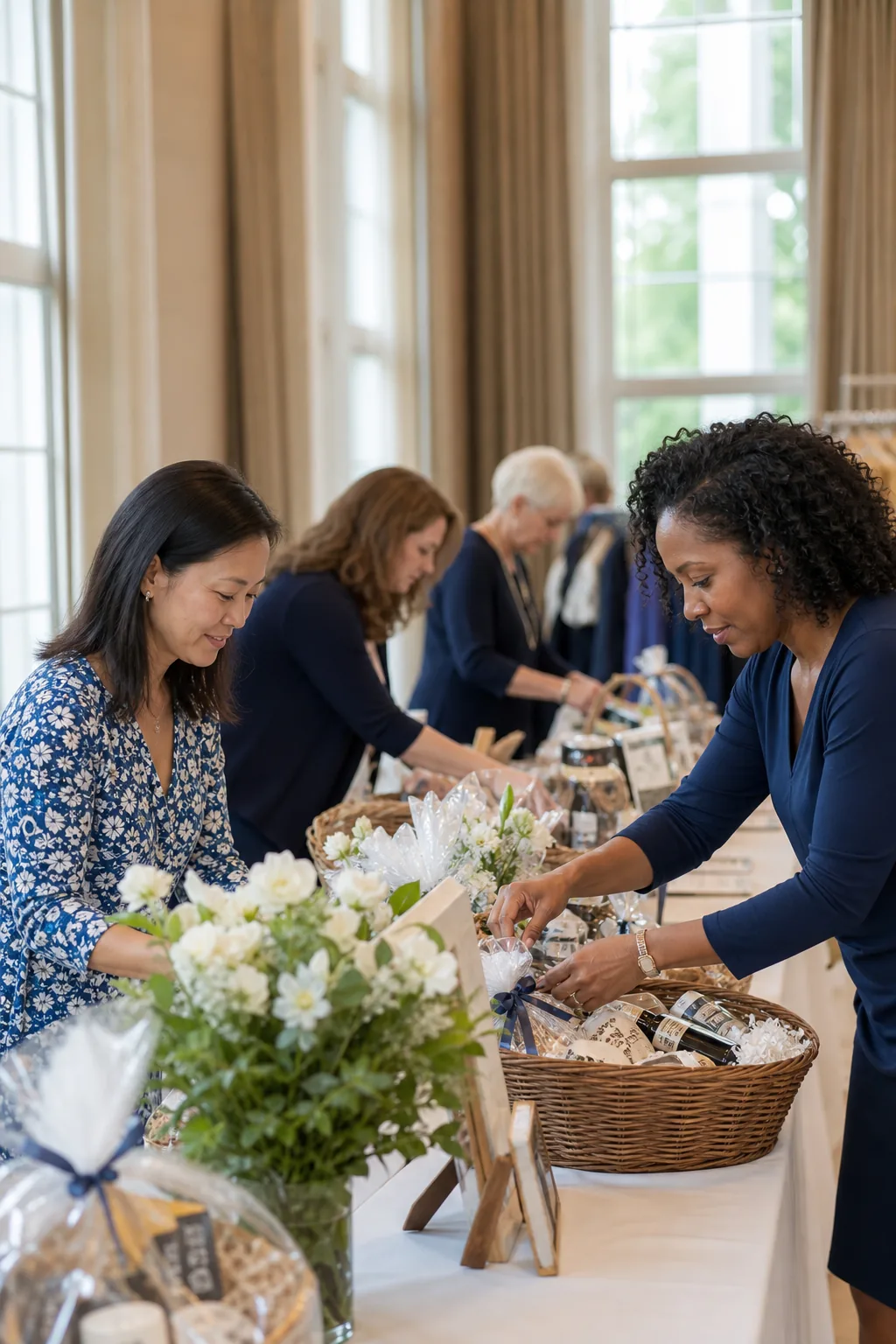 Volunteers preparing baskets for a community fundraiser