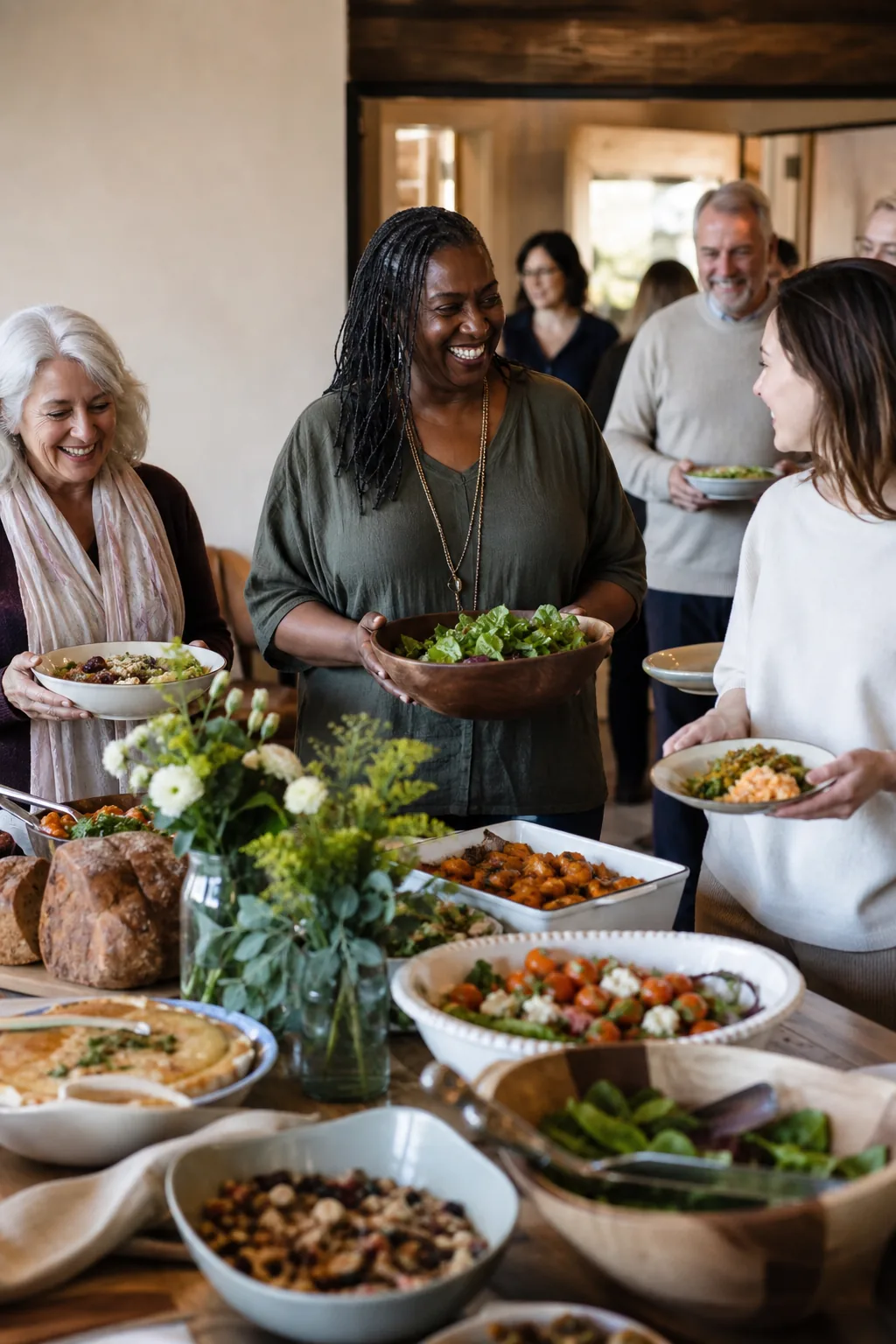 Friends arriving with dishes for a community potluck