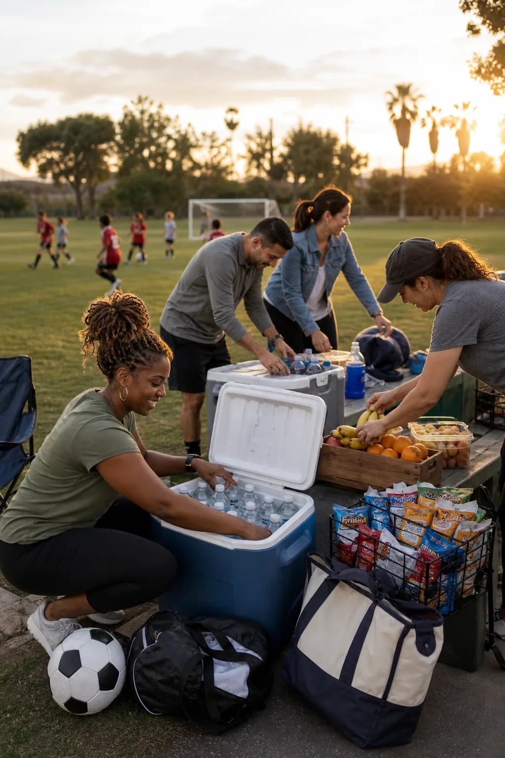 Parents organizing snacks and water at a youth soccer field